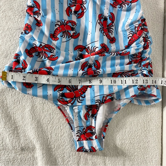 Sourpuss Blue White Striped Red Lobster Print One Piece Swimsuit Bathing Suit S - Picture 9 of 16